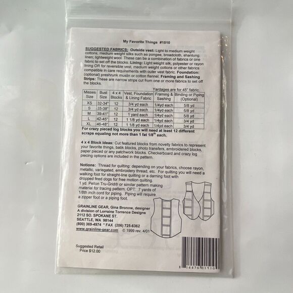 Grainline Gear 1510 Pattern My Favorite Things Vest Grandma Patchwork Unique - Picture 4 of 6